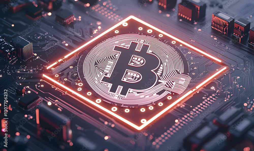 Bitcoin Symbol Embedded in Circuit Board Technology Background Bitcoin Symbol Embedded in Circuit Board Technology Background