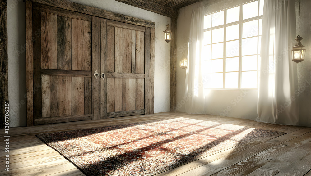 Rustic room interior design with wooden doors, sunlight streaming through window, oriental rug on wooden floor; ideal for home decor websites or magazines Rustic room interior design with wooden doors, sunlight streaming through window, oriental rug on wooden floor; ideal for home decor websites or magazines
