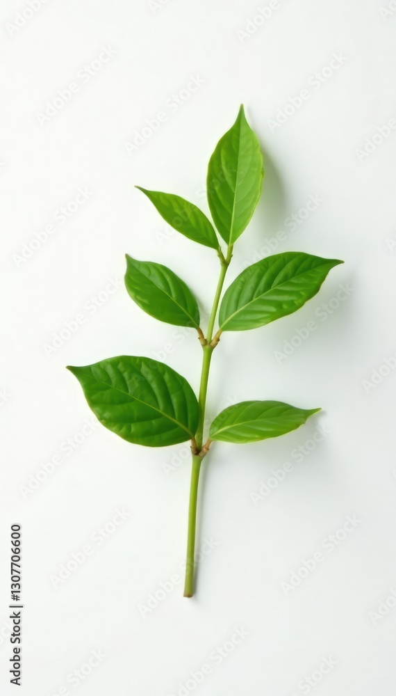 Fototapeta premium Short branch with small leaves and stem isolated on white surface, green, minimalist, branch
