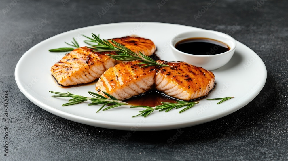 Two perfectly grilled salmon fillets are garnished with fresh herbs and complemented by a rich dipping sauce, making for a flavorful dish suitable for any meal Two perfectly grilled salmon fillets are garnished with fresh herbs and complemented by a rich dipping sauce, making for a flavorful dish suitable for any meal