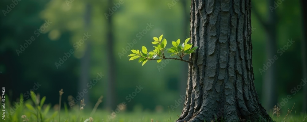 Fototapeta premium Single branch leaning against a grey tree trunk, silence, trunk, solitary