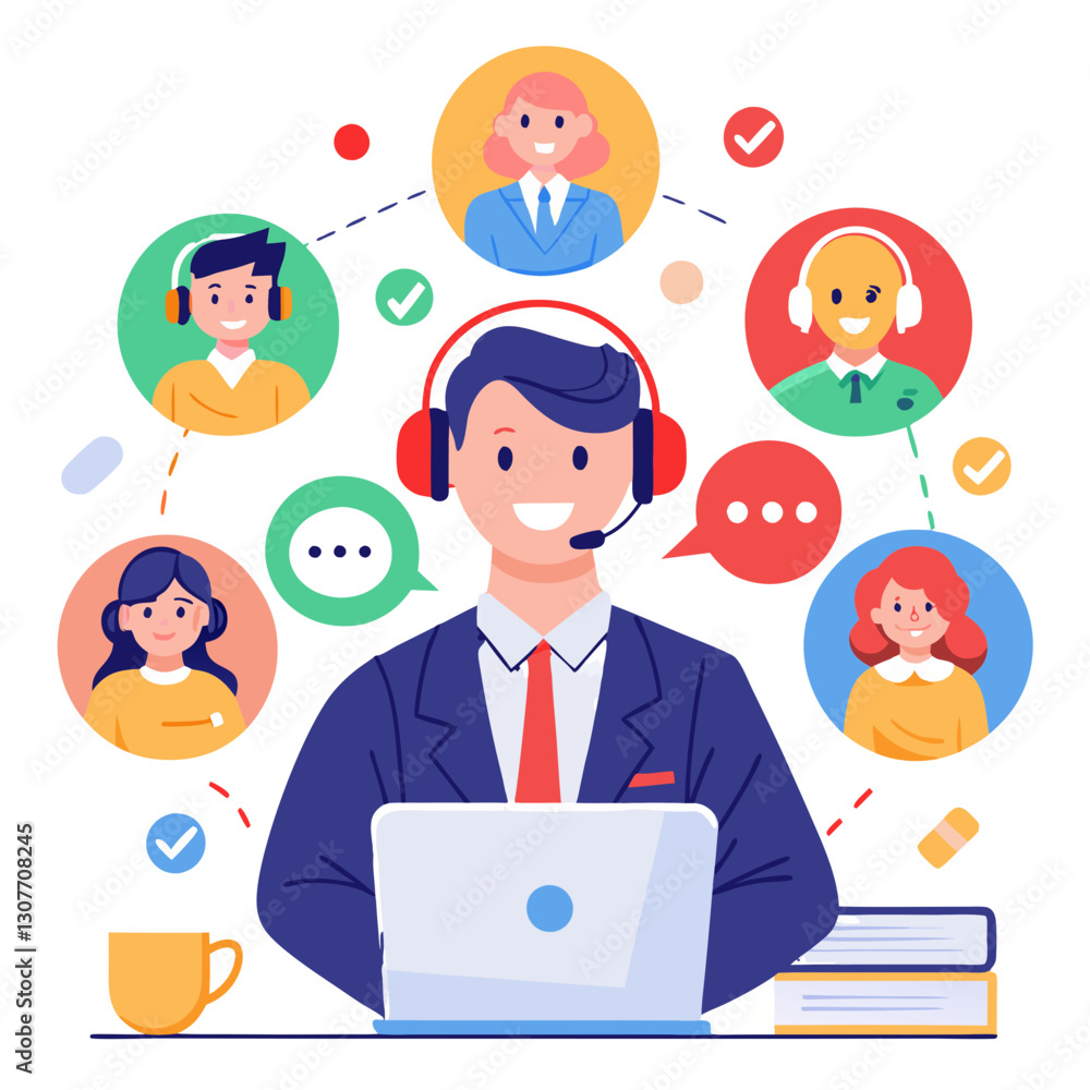 A support agent wearing headphones interacts with several clients through a laptop, efficiently resolving their issues in a virtual environment, emphasizing teamwork and communication A support agent wearing headphones interacts with several clients through a laptop, efficiently resolving their issues in a virtual environment, emphasizing teamwork and communication