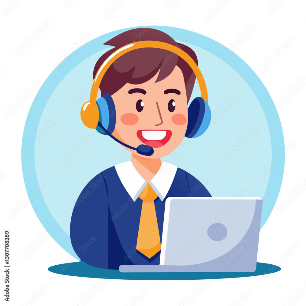 A support agent is smiling while providing assistance to customers over the phone. They are seated at a desk with a laptop, wearing a headset, and focused on their tasks A support agent is smiling while providing assistance to customers over the phone. They are seated at a desk with a laptop, wearing a headset, and focused on their tasks