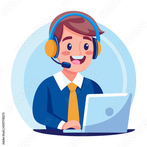 A cheerful support agent engages with customers via a headset while seated at a laptop in a bright, modern office setting. The agent is focused and approachable