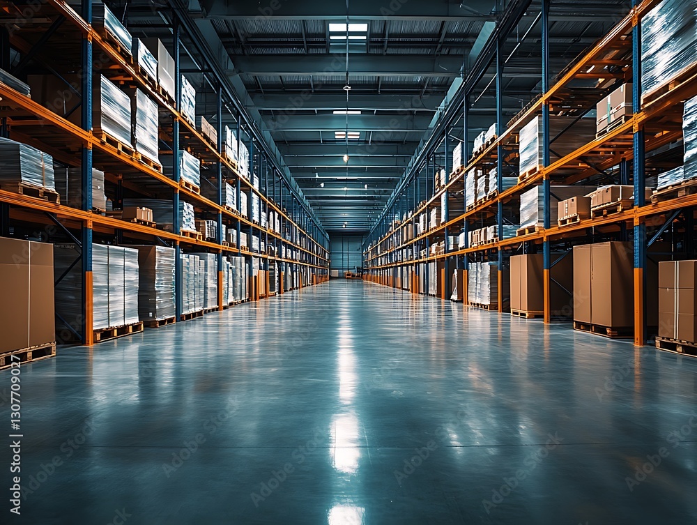 Large warehouse with high shelves full of boxes. Large warehouse with high shelves full of boxes.