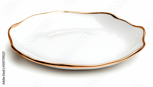 Empty white decorative dish on white background, angled view, good for serving appetizers or jewelry display
