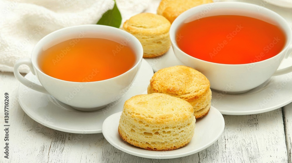 Delicious tea served with freshly baked scones on a white table. Delicious tea served with freshly baked scones on a white table.