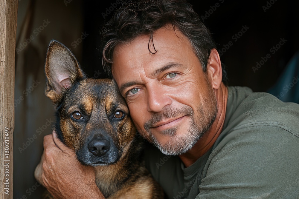 Man and Loyal Dog Show Bond in Rustic Setting for Heartwarming Friendship Theme Man and Loyal Dog Show Bond in Rustic Setting for Heartwarming Friendship Theme