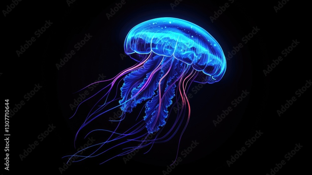 Naklejka premium Neon blue jellyfish glowing in dark ocean environment