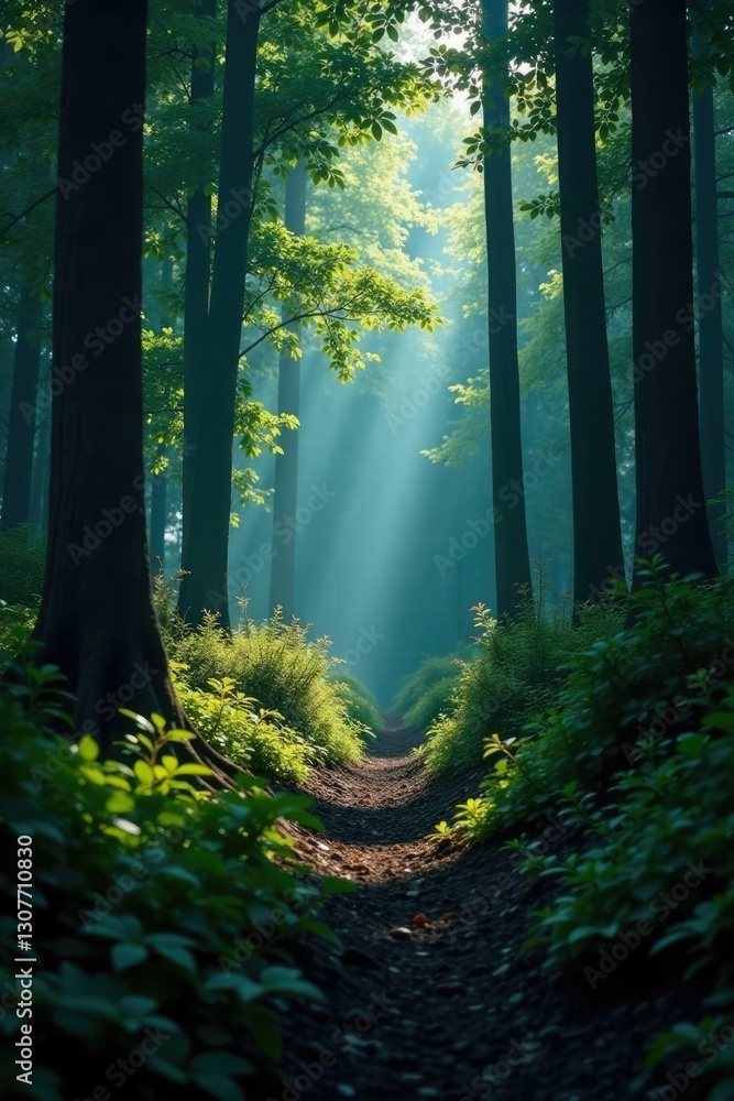 Obraz premium A dense thicket of bushes and twigs in a dark forest, shadows, silence, trees