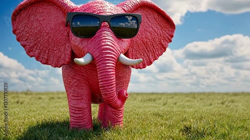 Pink elephant in sunglasses on grassy field, sunny day, whimsical, digital art, possible use for children's books, greeting cards, or advertising