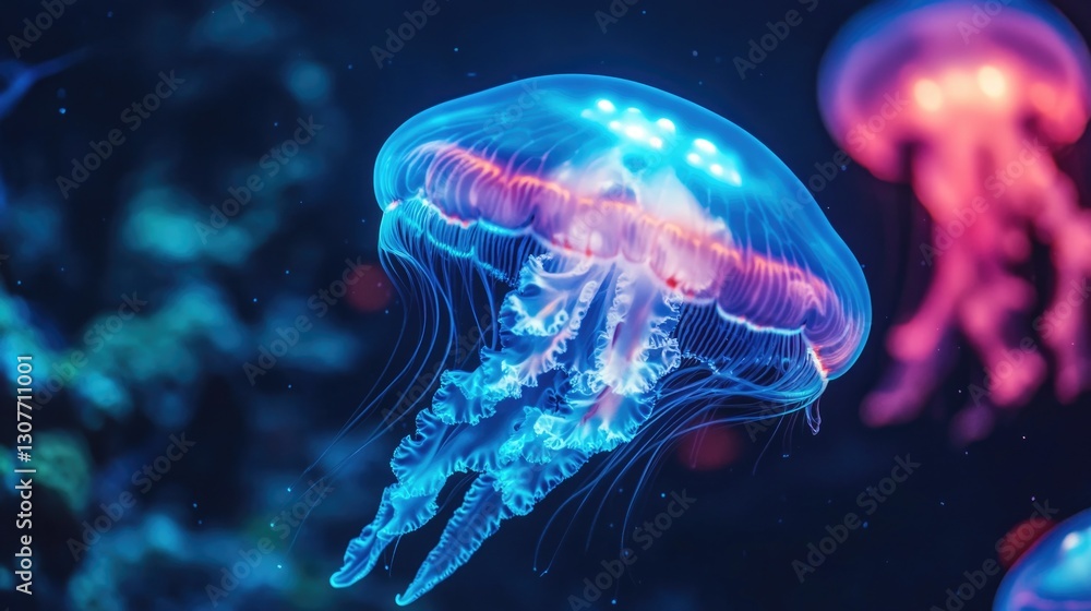 Glowing bioluminescent jellyfish in vibrant blue ocean scene Glowing bioluminescent jellyfish in vibrant blue ocean scene