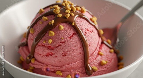 Delicious Pink Ice Cream with Chocolate and Crunchies - A scoop of pink ice cream drizzled with rich chocolate sauce and topped with crunchy bits in a white bowl photo