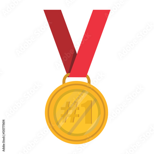Gold first medallion achievement metallic winning sign icon flat