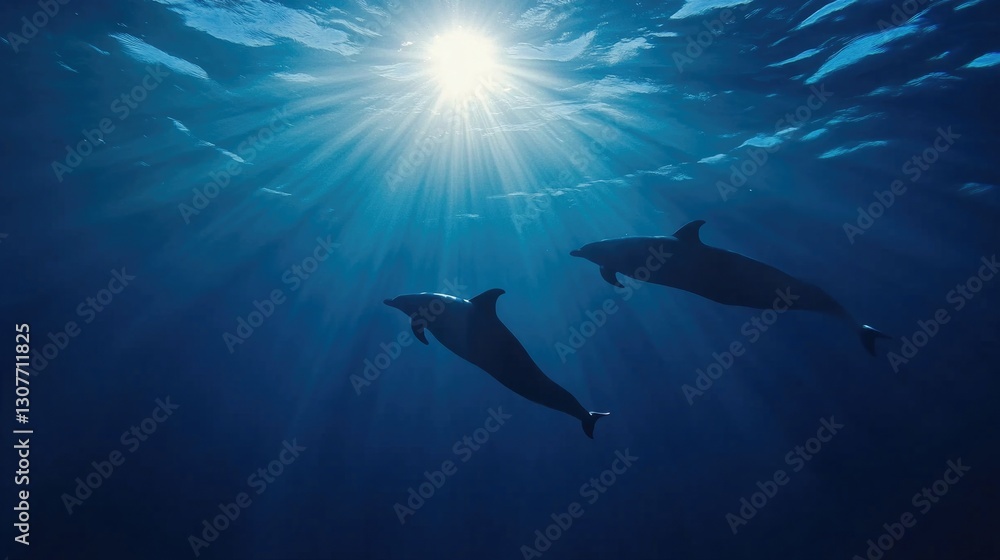 Obraz premium Silhouetted dolphins swimming gracefully under sunlit ocean waters