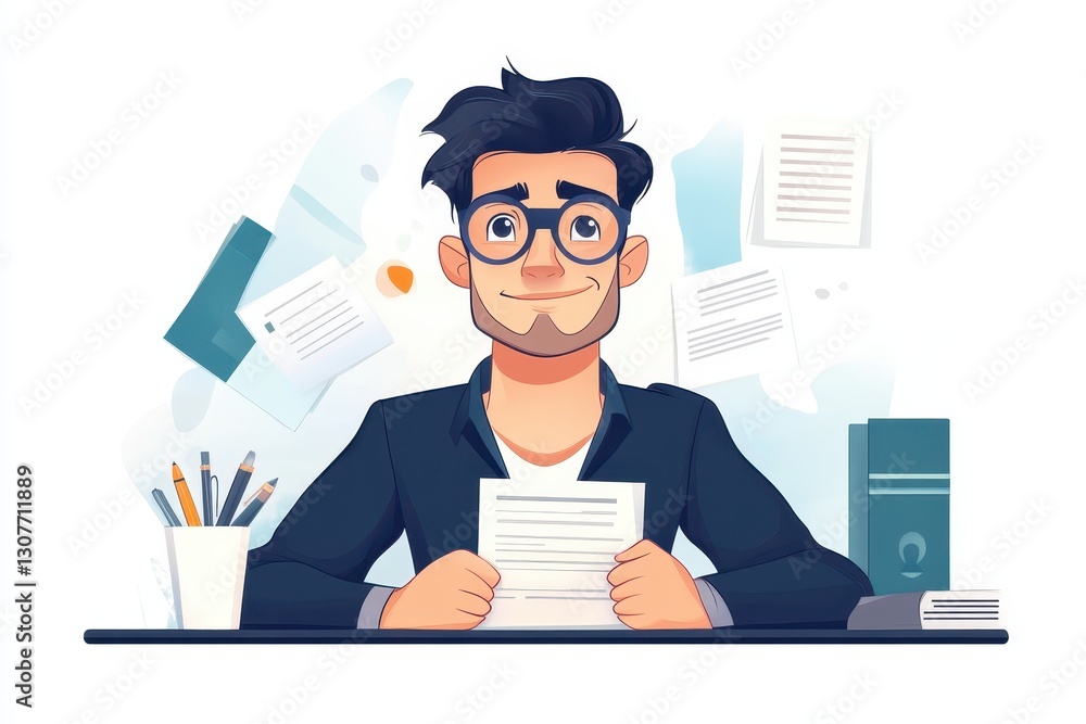 Person sitting at a desk with papers, looking pleased while working on a project in an office setting Person sitting at a desk with papers, looking pleased while working on a project in an office setting