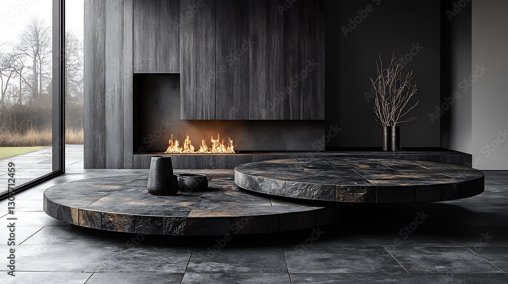 Fototapeta premium Modern minimalist living room features sleek dark stone coffee tables warming fire ambiance. AI Generated