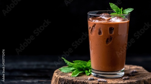 Refreshing iced chocolate drink garnished with mint leaves.