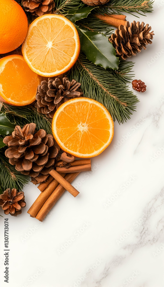 Obraz premium Festive citrus & pine arrangement on marble; ideal for holiday cards or seasonal blogs