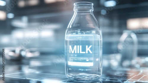 Futuristic transparent milk bottle with digital display in modern kitchen