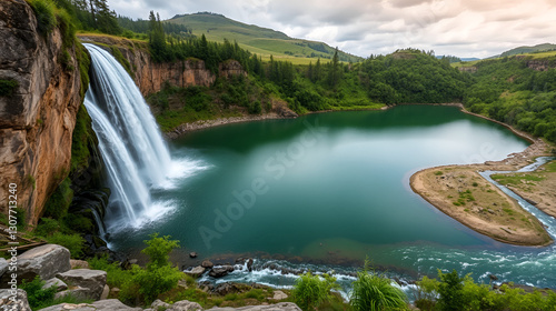 View of tranquil Green Lake with a stunning waterfall cascading down a rocky cliff, riverine landscape, serene scenery