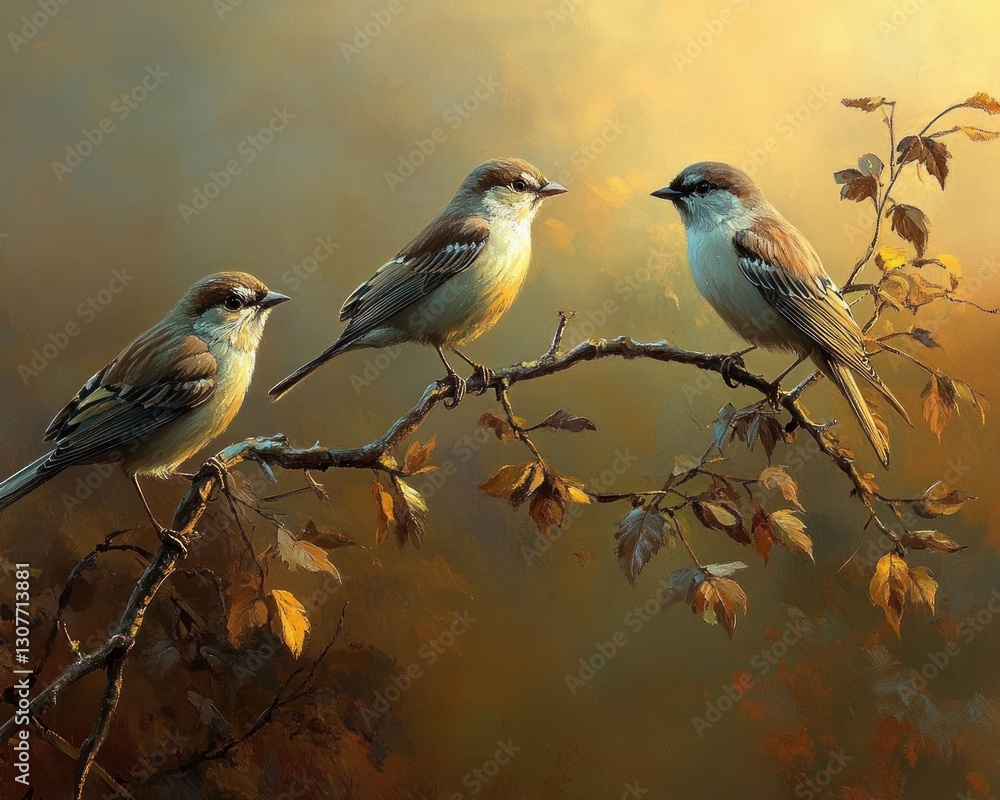 Obraz premium Three sparrows perched on a branch in autumn, bathed in warm sunlight.