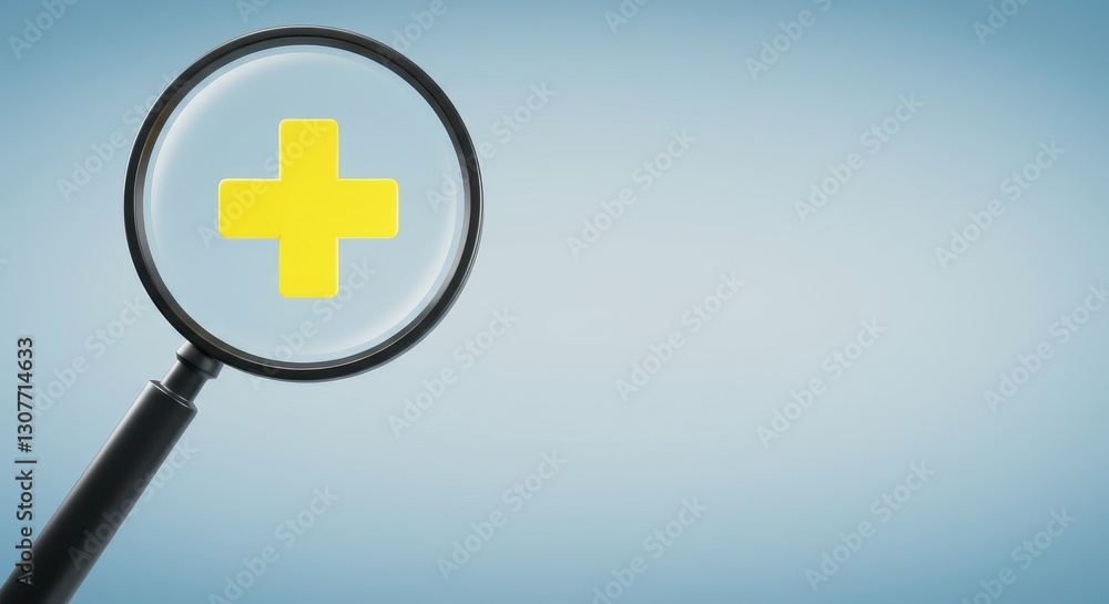 Fototapeta premium Focus on Healthcare: Insurance and Positive Mindset - A magnifying glass focuses on a yellow plus sign, symbolizing healthcare, insurance, well-being, optimism, and positive thinking