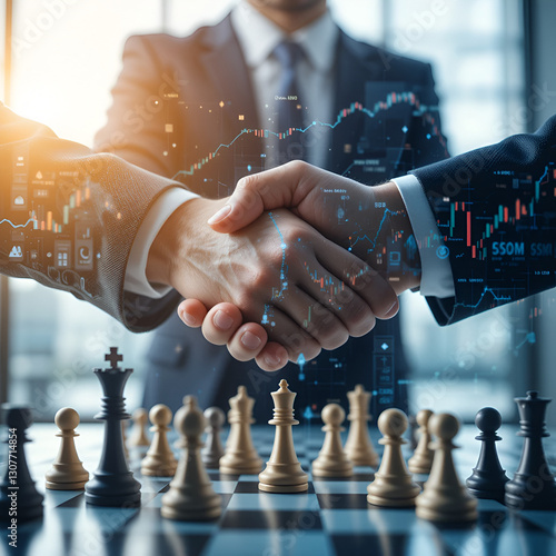 Business partnership successful and strategic plan concept , .Double exposure businessman handshake on financial market stock chart with chess board game competition