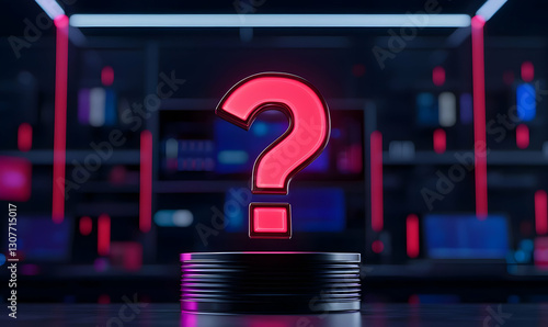 Neon Question Mark in Futuristic Digital Environment with Glow
