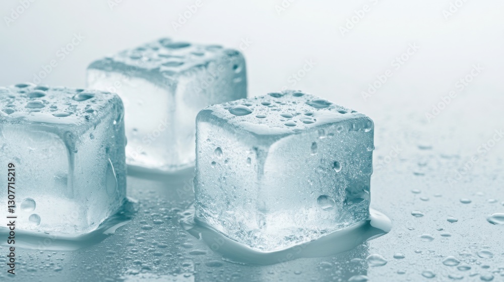 Extreme close-up of four ice cubes beginning to melt, with tiny water droplets forming on their glistening surfaces. Extreme close-up of four ice cubes beginning to melt, with tiny water droplets forming on their glistening surfaces.