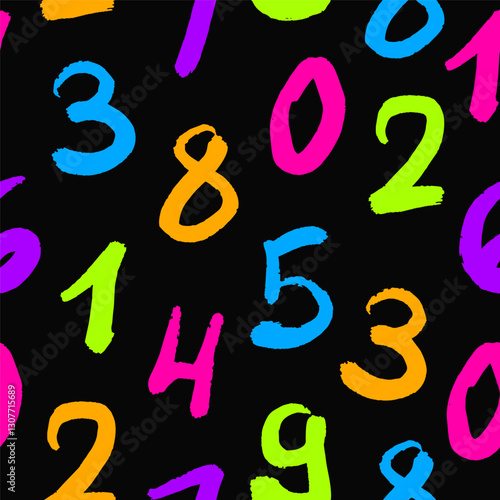 Seamless Pattern of Neon Numbers on Black Background.