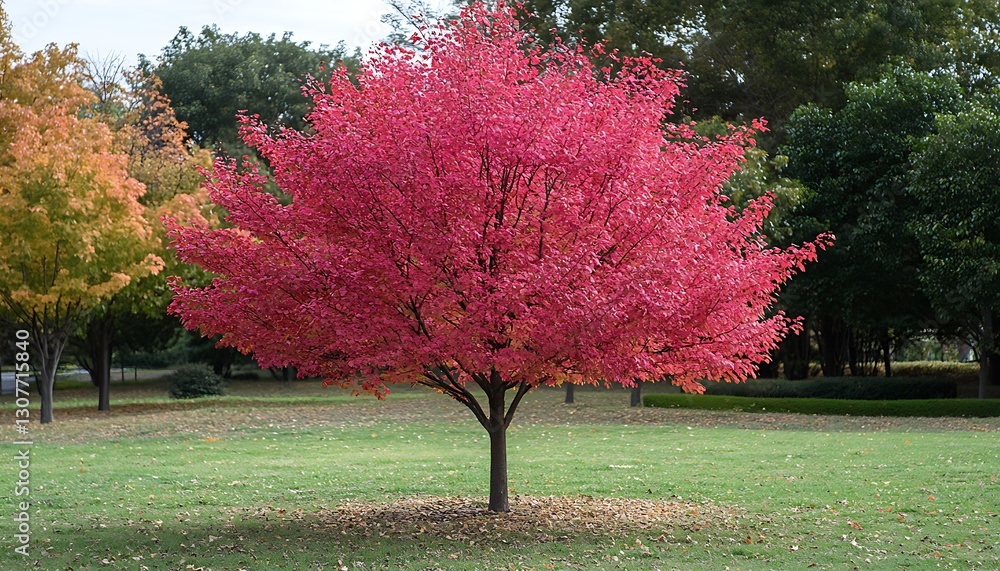 Naklejka premium Red tree stands in Autumn Park on green grass