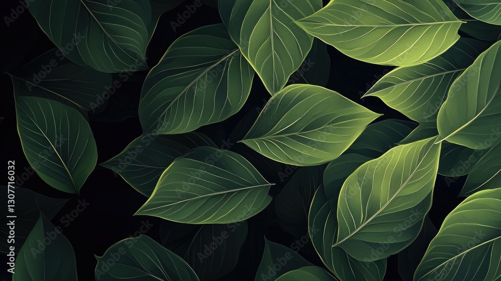 Fototapeta premium Lush green leaves with intricate veins in natural pattern
