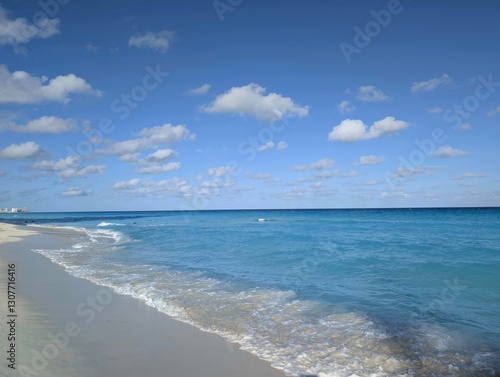 Waves on Caribbean sea with white sand and blue sky, the sea is azure in Mexico