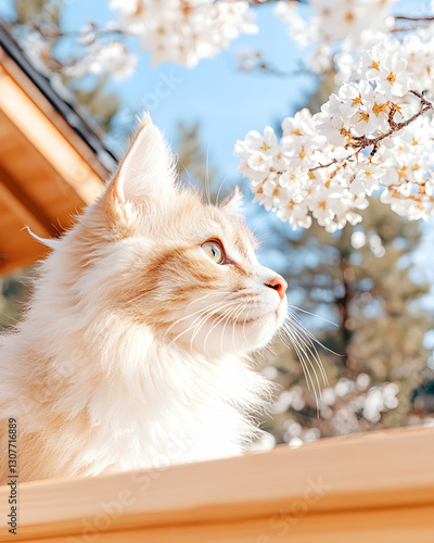 Fluffy cat gazes at cherry blossoms, sunny spring day, peaceful scene, perfect for calendars or pet websites