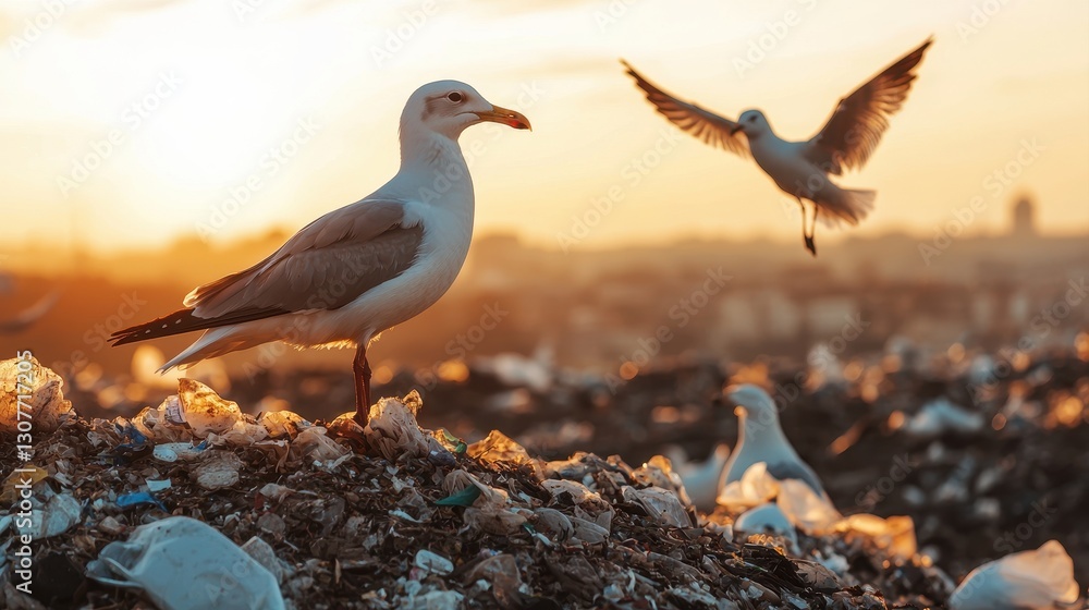 Obraz premium Two seagulls perched on a garbage mound at sunset, highlighting themes of nature, waste, and urban wildlife.