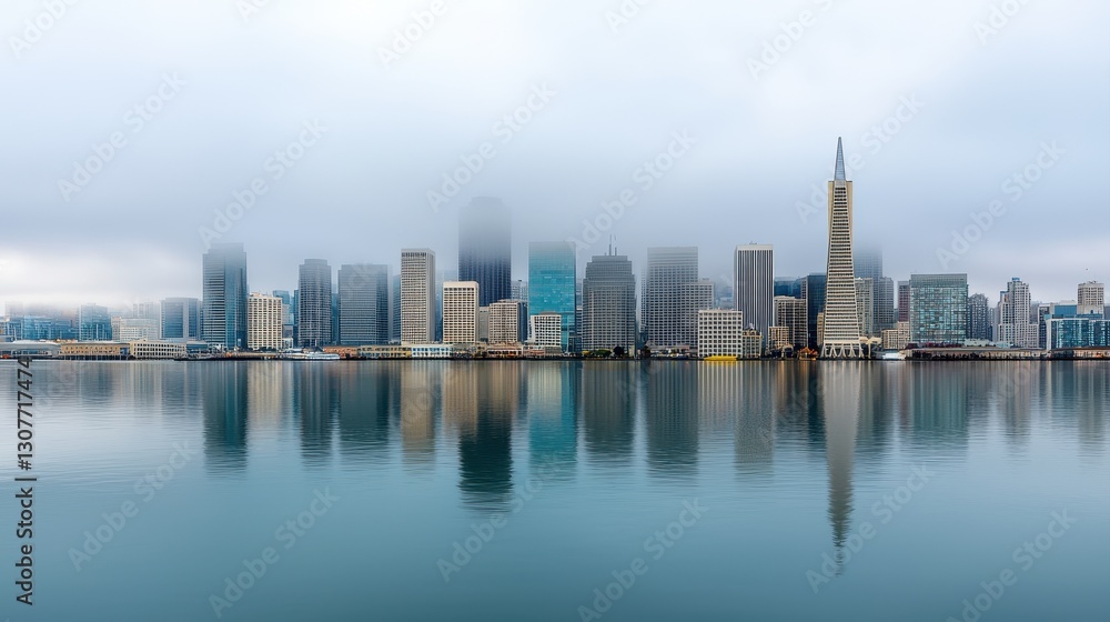 Obraz premium A foggy city skyline reflected in calm waters, showcasing modern architecture amidst a serene atmosphere.
