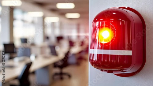 Red alarm light activates in modern office space during safety drill