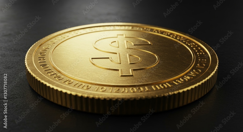 Golden Dollar Coin on Black Background - Close-up of a single gold coin featuring a dollar sign, set against a dark surface. Symbol of wealth and finance Golden Dollar Coin on Black Background - Close-up of a single gold coin featuring a dollar sign, set against a dark surface. Symbol of wealth and finance