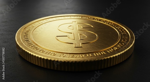 Golden Dollar Coin on Black Background - Close-up of a single gold coin featuring a dollar sign, set against a dark surface. Symbol of wealth and finance photo