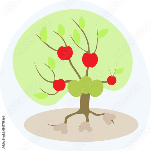 The tree of life with green leaves and red apples and brown roots