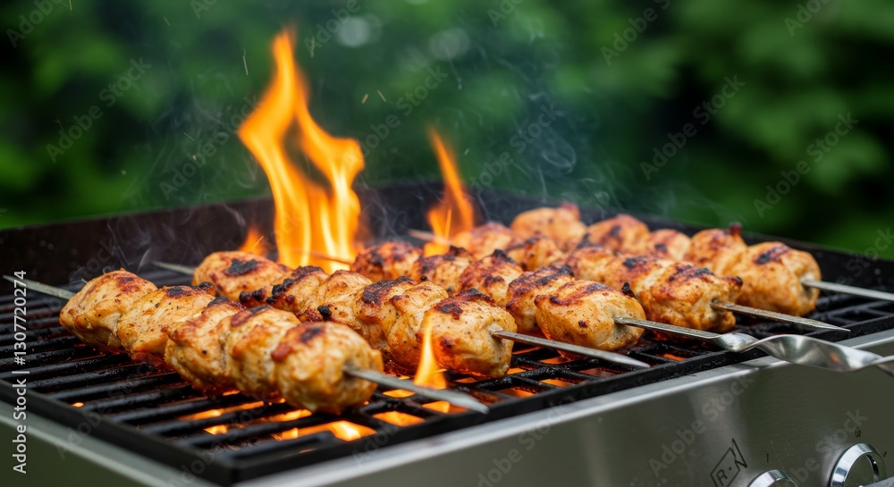 Grilled Chicken Skewers on BBQ Grill - Delicious chicken skewers grilling over an open flame, perfect for a summer barbecue Grilled Chicken Skewers on BBQ Grill - Delicious chicken skewers grilling over an open flame, perfect for a summer barbecue
