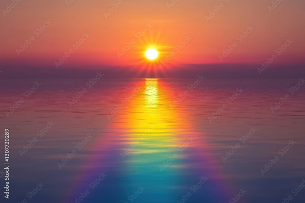 Fototapeta premium Vibrant sunset over calm ocean waters, reflecting a rainbow of colors.