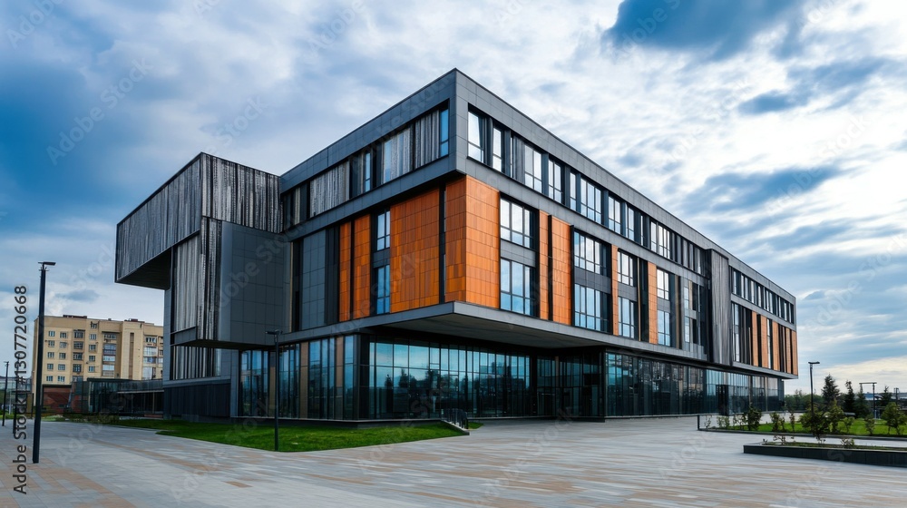 Modern building facade against cloudy sky. Urban architecture and design concepts. Modern building facade against cloudy sky. Urban architecture and design concepts.