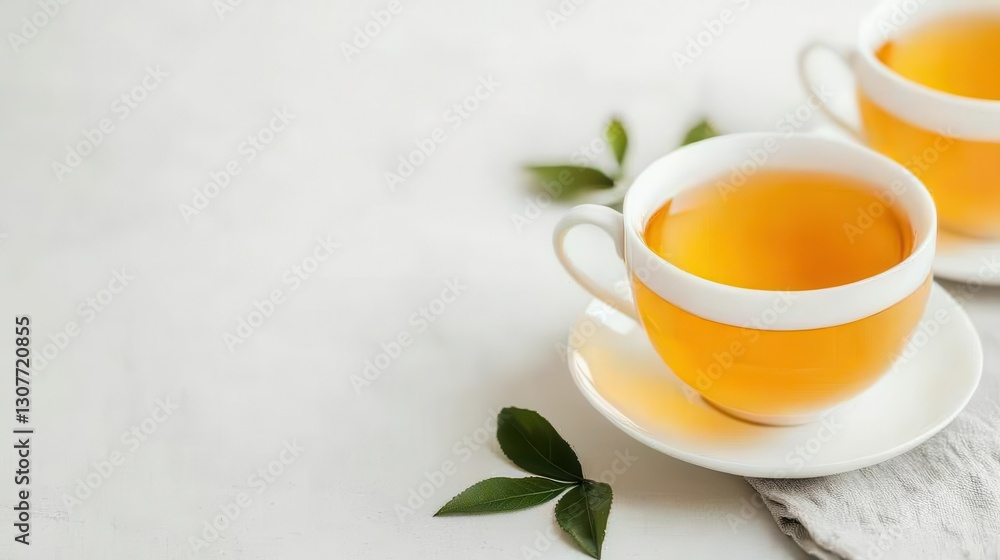 Relaxing tea time with cups and leaves on a light table. Relaxing tea time with cups and leaves on a light table.