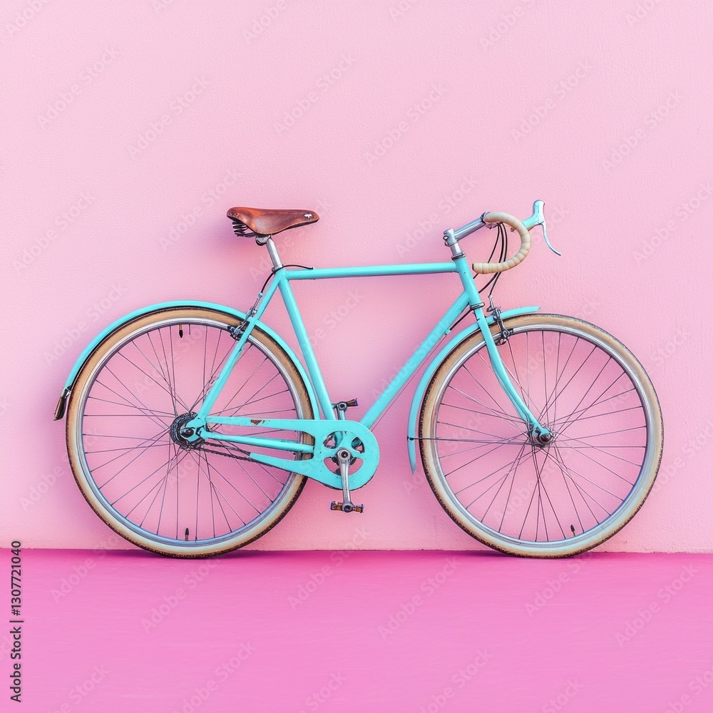 Bicycle parked against a pink wall; serene, aesthetic, simple, pastel colored Bicycle parked against a pink wall; serene, aesthetic, simple, pastel colored