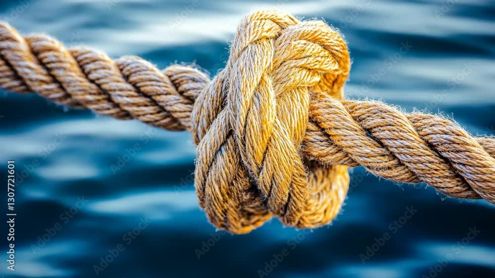 Rope knot tied securely on a textured surface above calm blue water during a sunny day Rope knot tied securely on a textured surface above calm blue water during a sunny day