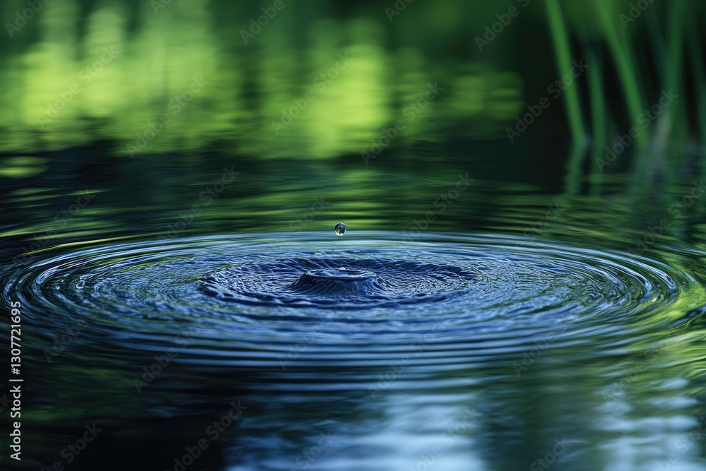 A single drop of water creates concentric ripples on a calm, green-reflected pond. A single drop of water creates concentric ripples on a calm, green-reflected pond.