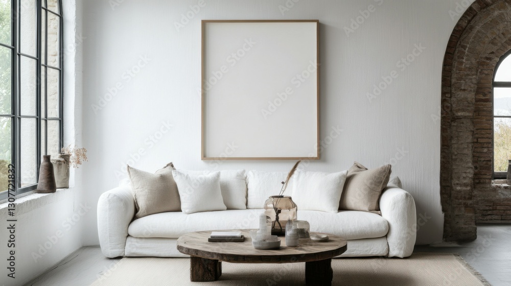 Fototapeta premium Grunge old accent coffee table near white sofa against arched window and white wall with big art poster frame. Minimalist, art deco interior design of modern living room, home.