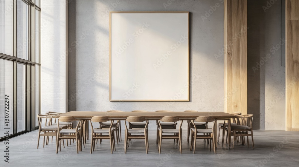 Mock up poster frame in spacious modern dining room with wooden chairs and table. Minimalist dining room design. 3D illustration.** Mock up poster frame in spacious modern dining room with wooden chairs and table. Minimalist dining room design. 3D illustration.**